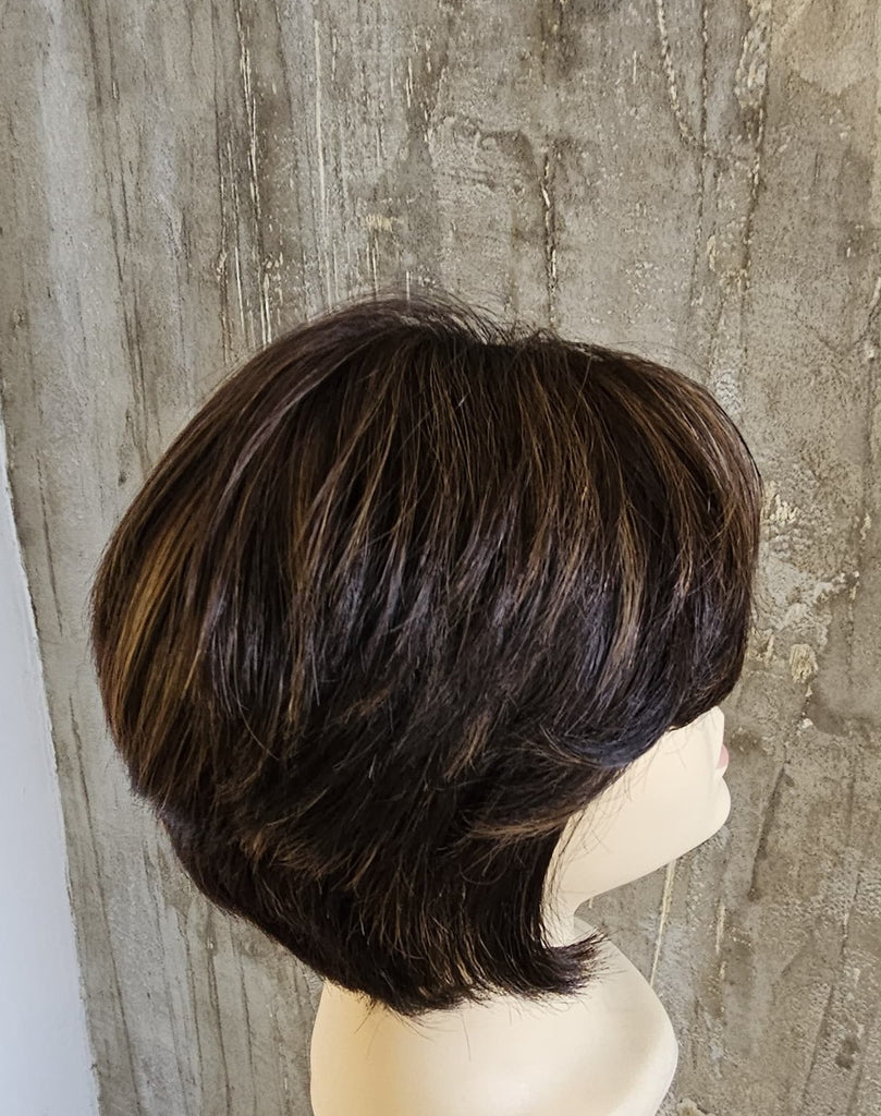 100% HUMAN EUROPEAN VIRGIN HAIR SHORT SHARP TAPERED LOOK BROWN WITH HIGHLIGHTS