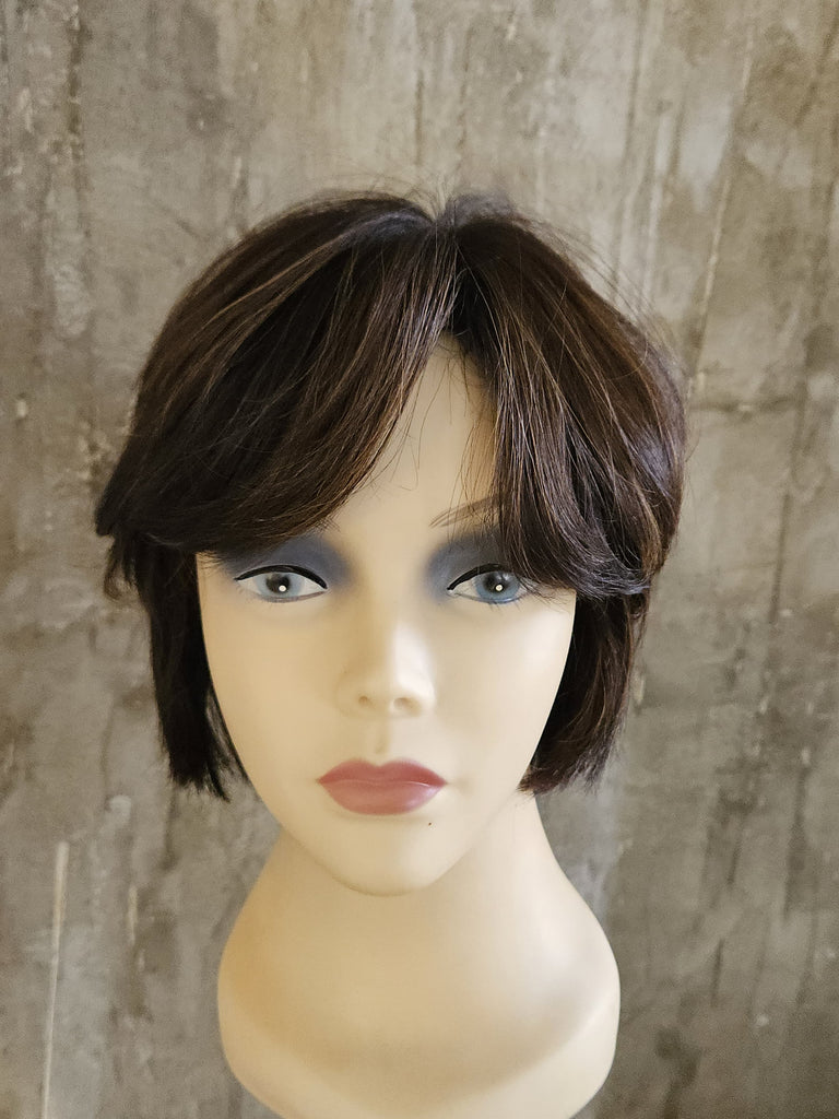 100% HUMAN EUROPEAN VIRGIN HAIR SHORT SHARP TAPERED LOOK BROWN WITH HIGHLIGHTS