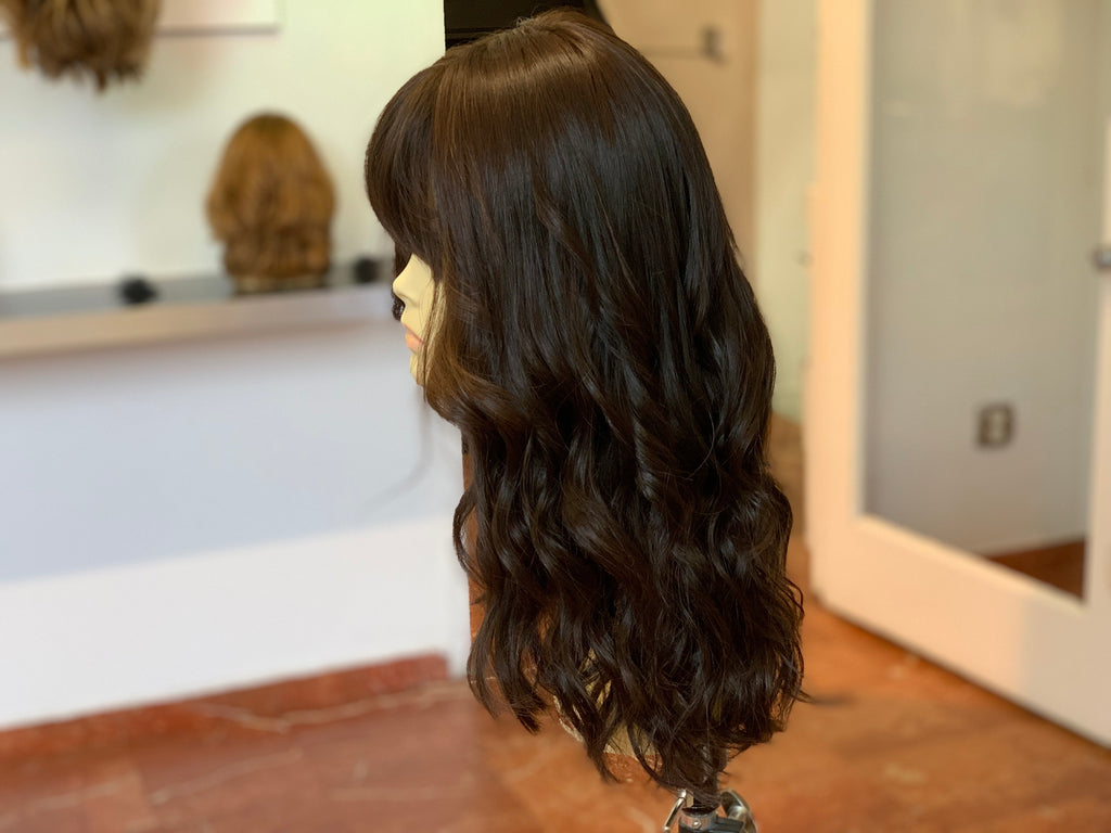 100% Virgin European human hair wig 20" long Dark brown with soft caramel highlights.